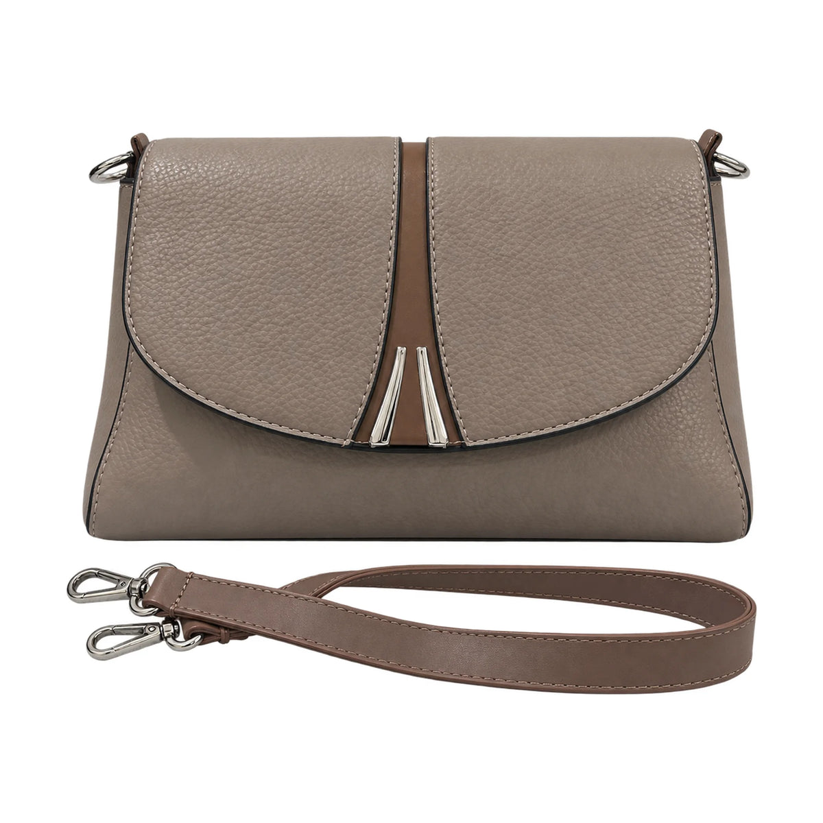 Solid Colour taupe crossbody bag – Vice Versa, front with strap view